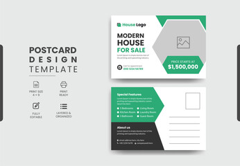 Real Estate Postcard Design Vector Template With Creative Modern Layout, Modern & Elegant Postcard Template Design Home For Sale.