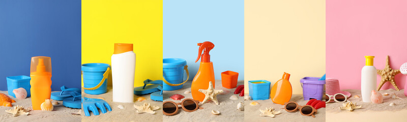 Collage of bottles of sunscreen with baby accessories on sand against color background