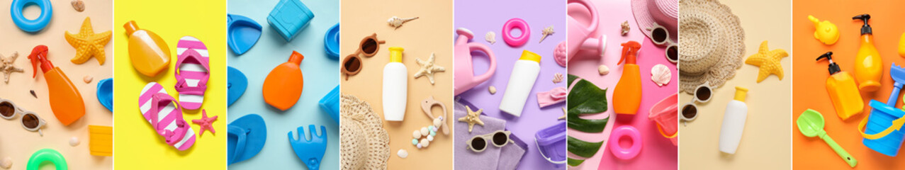 Collage of bottles of sunscreen with baby accessories on color background, top view