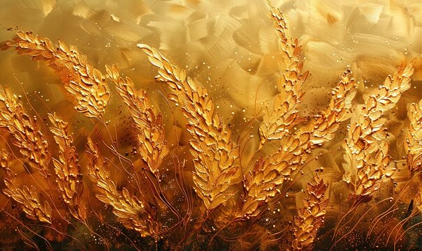 Spikes of wheat painted with oil paints on a golden background
