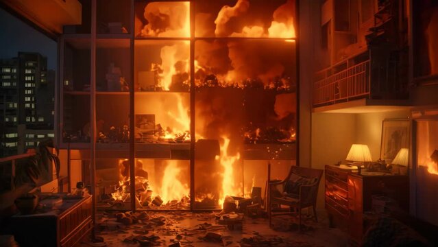 The image captures a room engulfed in intense flames, the fires warm glow illuminating the space through a nearby window, Night fire blazing in an apartment, AI Generated