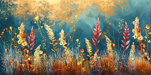Artistic abstraction of plants, flowers, and golden grain. Oil on canvas. Brush the paint.