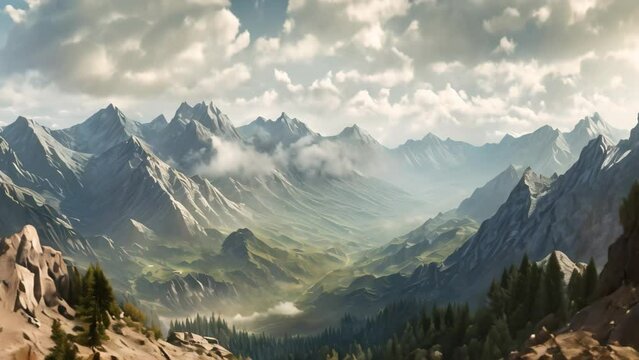 An awe-inspiring painting depicting a majestic mountain range surrounded by puffy clouds in a clear blue sky., Panoramic view of the mountains, AI Generated