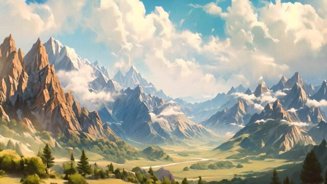 A breathtaking painting of a mountain range with billowing clouds in the sky., Panoramic view of the mountains, AI Generated