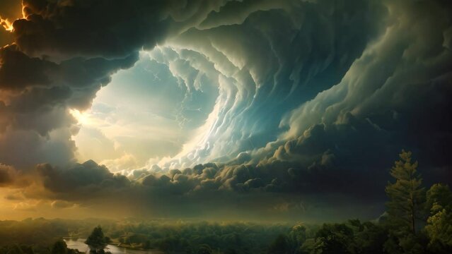 An awe-inspiring painting depicting a massive wave soaring through the sky, Photo illustration of a dramatic storm tornado vortex in nature, AI Generated