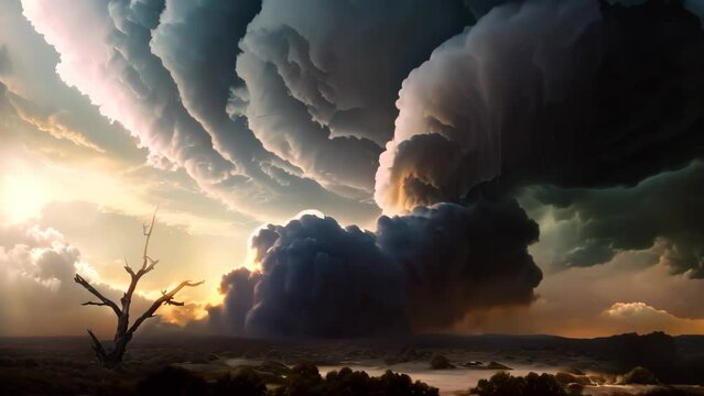 A colossal storm cloud looms menacingly overhead, casting an ominous shadow across the landscape, Photo illustration of a dramatic storm tornado vortex in nature, AI Generated