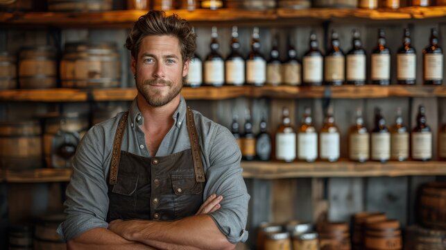   Man Standing With Crossed Arms In Front Of Shelf Filled With Wine And Other Spirits