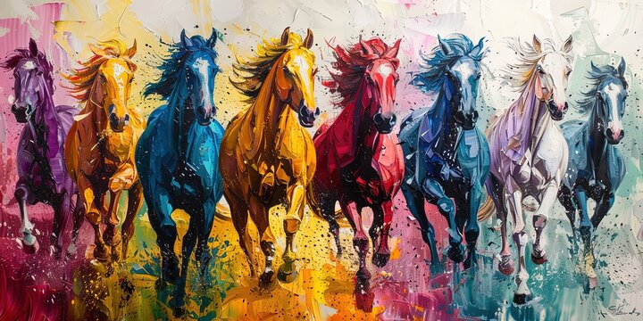 a painting depicting a group of colorful running horses