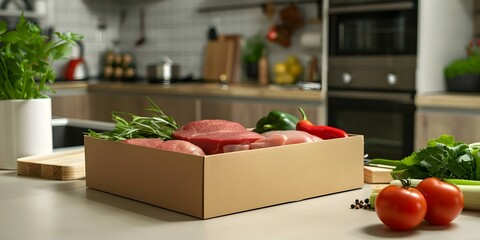 Food delivery service during pandemic Box with meat and vegetables on kitchen counter Online shopping for dinner. Concept Meal Prep, Grocery Delivery, Stay-at-Home Meals, Easy Dinner Ideas - obrazy, fototapety, plakaty