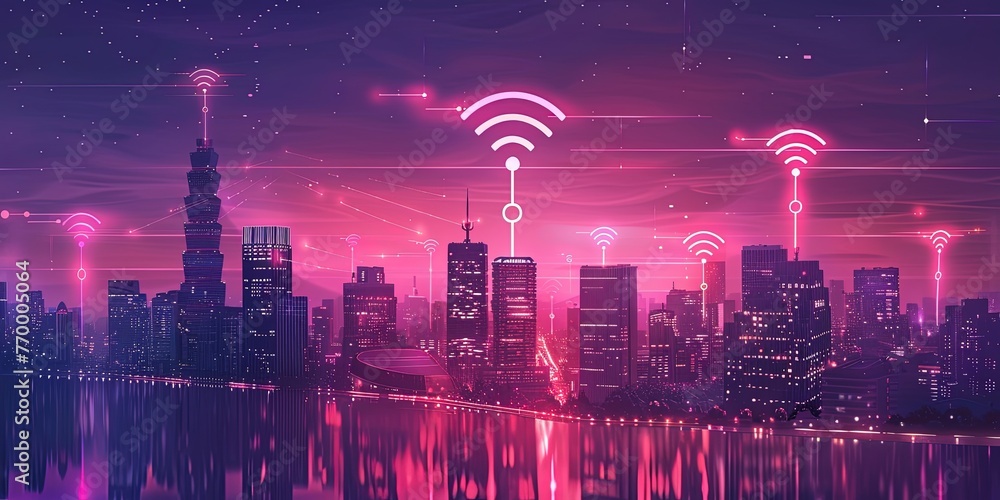 Poster Cityscape and network connection concept for a smart city based on WiFi icon