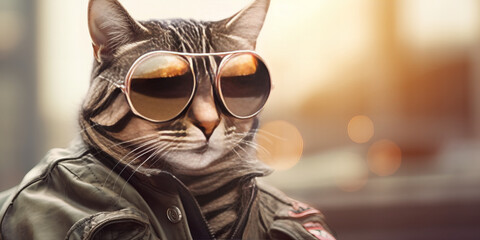 Cool Cat Incognito: Stylish Sunglasses and Leather Jacket Banner - obrazy, fototapety, plakaty