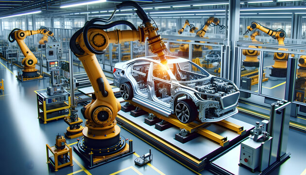 Automated Robot Arm Assembling Parts Of A Car In A Modern Automotive Factory.
