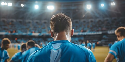 Disheartened soccer players in blue jerseys after losing a match showing sadness and disappointment in a stadium. Concept Sports, Soccer, Disappointment, Team Loss, Stadium - obrazy, fototapety, plakaty