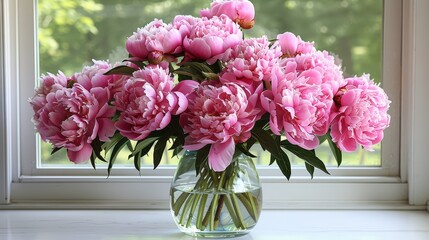   A pink vase filled with flowers sits on a window sill facing trees