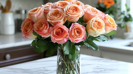   A peach and white rose bouquet in a glass vase on a kitchen counter with a sink in the background