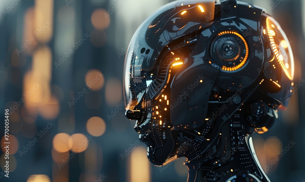 Poster future robotic ai solutions. black robot head