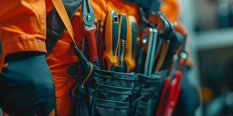 Closeup shot of a maintenance workers tool bag with tools for repair services. Concept Maintenance Workers, Tool Bag, Repair Services, Closeup Shot, Tools - obrazy, fototapety, plakaty