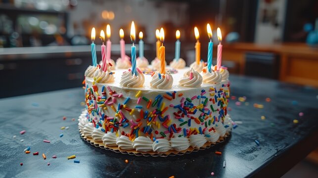   A white-frosted birthday cake with vibrant sprinkles and flickering candles graces the table