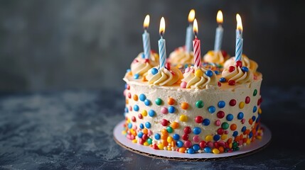   A birthday cake with white frosting, multicolored sprinkles, and lit candles on top