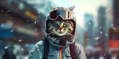Adventurous Whiskered Skier Ready for Snowy Slopes - Winter Sports Feline Banner - obrazy, fototapety, plakaty