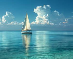 A lone sailboat with white sails gliding across a calm turquoise ocean, with a clear blue sky and fluffy white clouds overhead Studio lighting can be used to add a touch of drama o