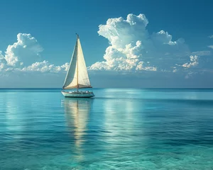 Deurstickers A lone sailboat with white sails gliding across a calm turquoise ocean, with a clear blue sky and fluffy white clouds overhead Studio lighting can be used to add a touch of drama o © auttapong