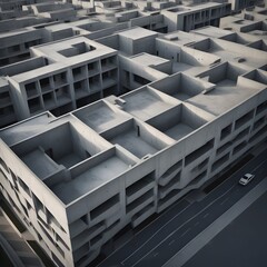 This aerial photo shows a maze of concrete buildings. The buildings are all different shapes and sizes, and they are arranged in a seemingly random pattern. The streets between the buildings are narro