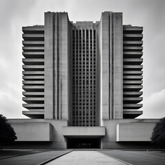 This black and white photo features a Brutalist building. The building is made of concrete and has a curved front. The building is located in a city, with other buildings and trees visible in the back