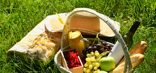 Blanket, hat and wicker basket of tasty food with drinks for romantic picnic on grass in park