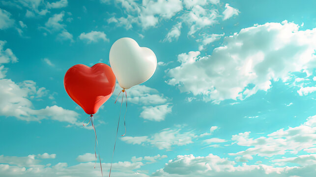 A pair of heart shaped balloons, one red and one white, intertwined and levitating in a clear blue sky with fluffy white clouds Studio lighting emphasizes the vibrant colors of the