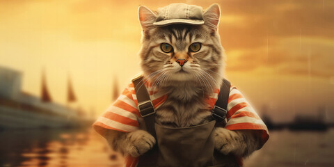 Adventurous Feline Sea Captain Ready to Sail at Sunset - Banner