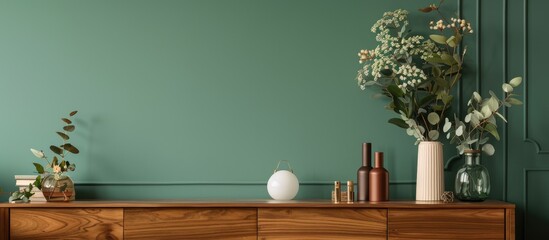 A contemporary living room setup featuring modern home decor and personal items displayed on a eucalyptus wooden dresser against a sage green wall. Includes copy space for customization.