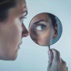 A person looking into a mirror with their reflection displaying a different message than their actual expression Minimalist photo, highly detailed photo, plain background