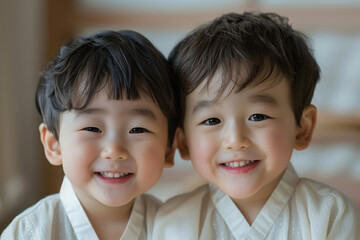 Twins brothers wearing white shirts smiling at the camera. Two Korean boys in national traditional clothes. Generated AI