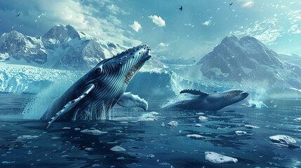 Majestic humpback whales breaching the surface of the ocean against a backdrop of icy mountains.
