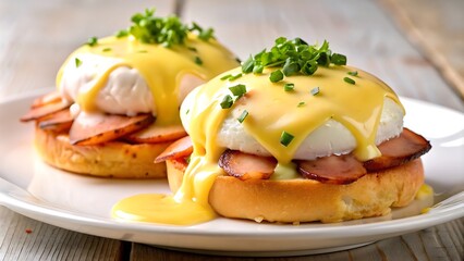 Generative ai. eggs benedict with ham and hollander on a plate on a table
