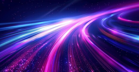 Fototapeta na wymiar Concept of leading in business, speed glowing line background, blue purple glow trail on dark backdrop for advertising design template