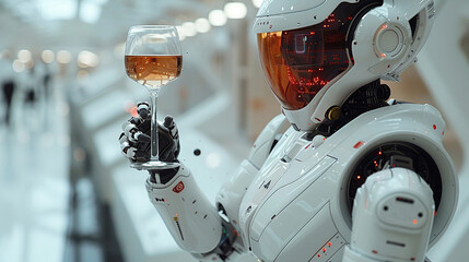 Robot serves a glass of wine, new modern technologies
