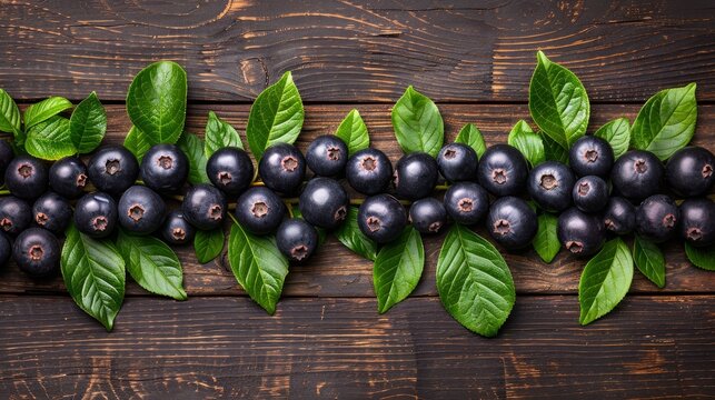   A cluster of blueberries with green foliage atop a wooden surface, framed by additional berries