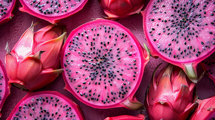 Ripe dragon fruit halves. Macro of dragon fruit with pink skin and black seeds close up
