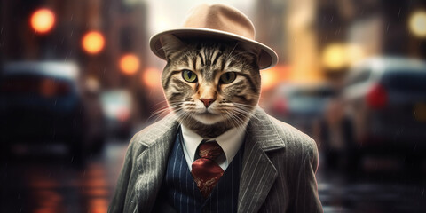 Mysterious Whiskered Gentleman: Detective Feline on Rainy City Streets Banner - obrazy, fototapety, plakaty