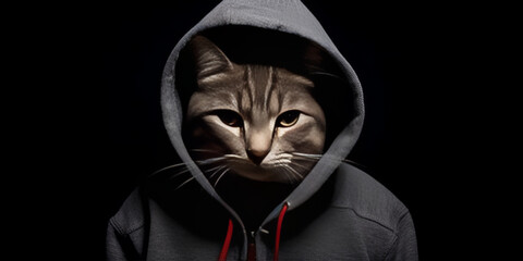 Mysterious Hooded Feline Gaze: The Enigmatic Whiskered Vigilante Banner Unveiled - obrazy, fototapety, plakaty