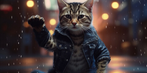 Stylish Tabby Cat in Denim Jacket Under Rainy City Lights Banner