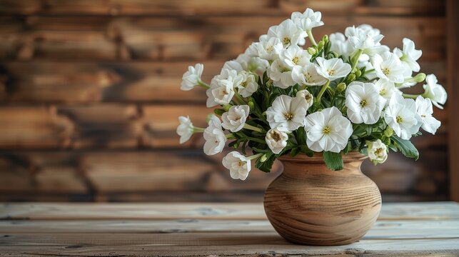   White flowers in a vase on a wooden table before a wooden panel wall