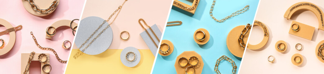 Collage of beautiful golden jewelry on color background, top view - obrazy, fototapety, plakaty