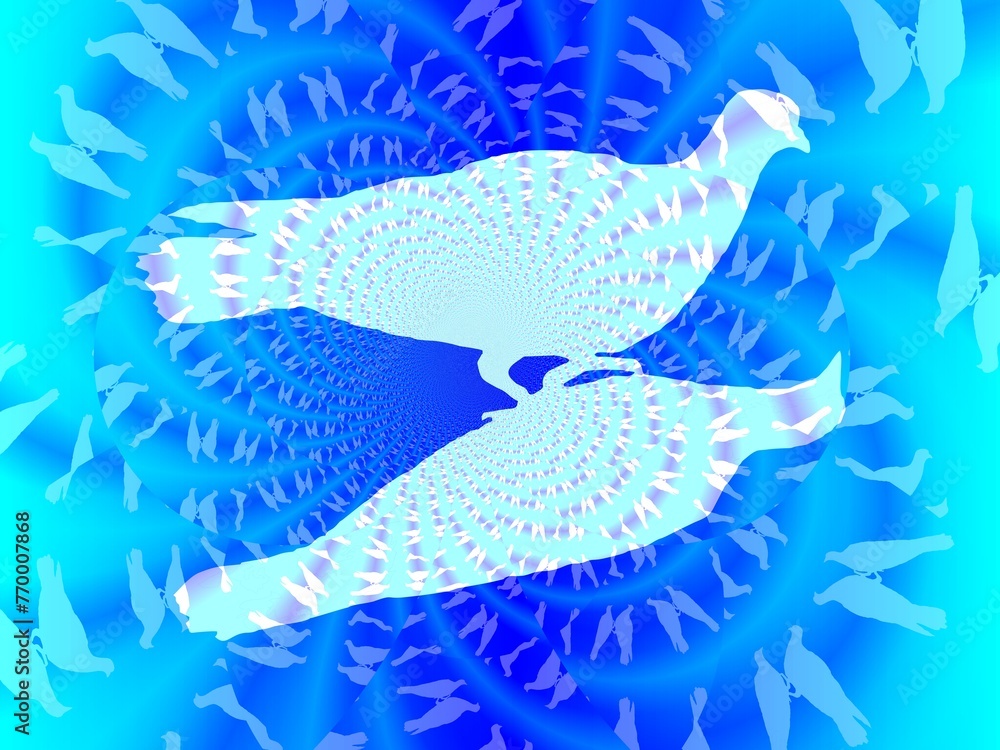Poster pigeon with mirror image like shadow - abstract graphic and pattern with white silhouette and blue a