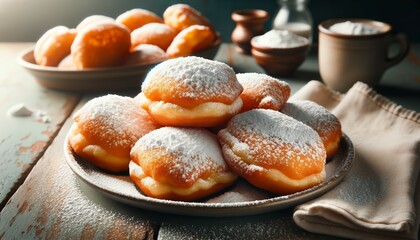 A professional photograph of freshly made Beignets, dusted with powdered sugar, showcasing their fluffy texture and golden-brown exterior, presented in a traditional café setting. - obrazy, fototapety, plakaty