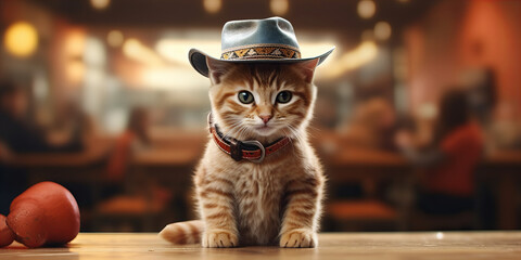 Whiskered Western Watcher: The Adventurous Kitty Cowcat Banner at the Saloon Showdown - obrazy, fototapety, plakaty