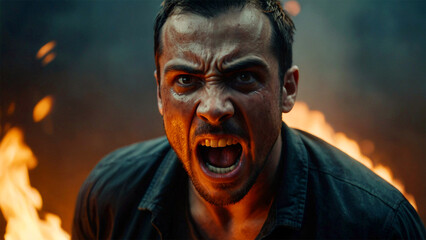 Angry man screaming in front of a big fire on a dark background