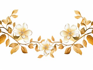 Gold thin barely noticeable flower frame with leaves isolated on white background pattern